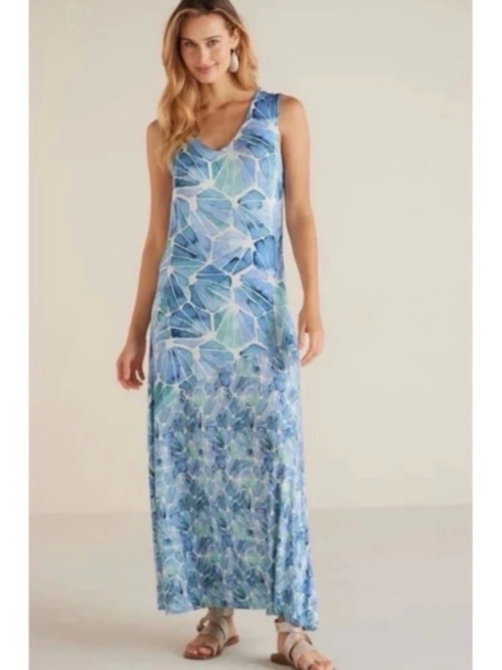 Soft Surroundings Blue Mosaic Watercolor Sleeveless Maxi Dress Small Resortwear